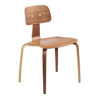 Natural wood chair in warm walnut and light beech tones, featuring a minimalist modern design and smooth curves.