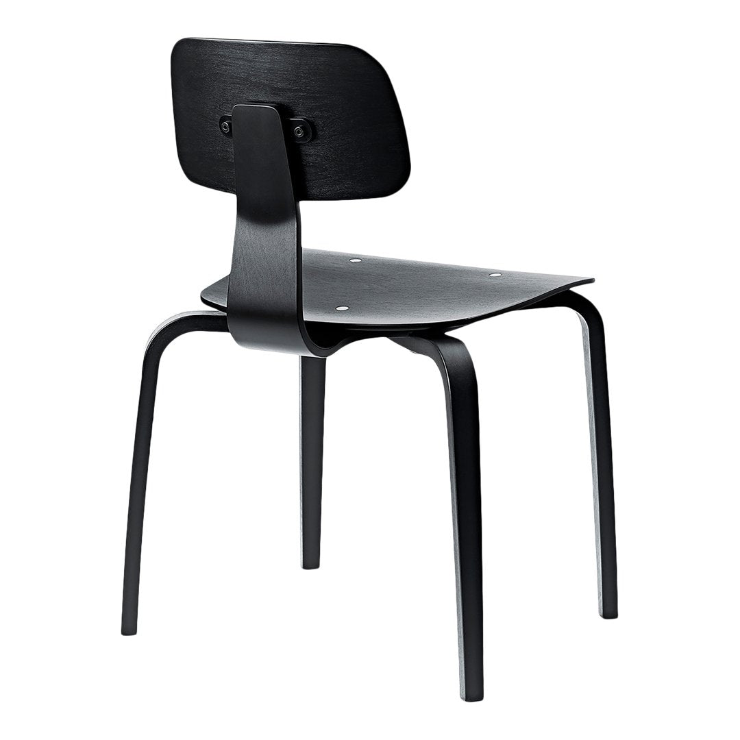 Black minimalist chair with a smooth surface and sleek design, featuring a solid color and no patterns.