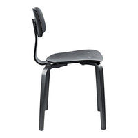 Sleek black chair with a minimalist design, featuring a smooth matte finish and simple curved lines.