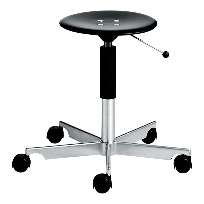 Black adjustable stool with a round seat and silver base, featuring a sleek, minimalist design and smooth wheels.