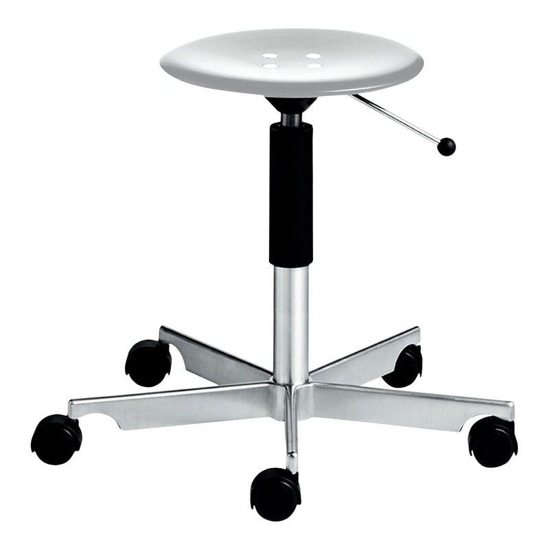 "White ergonomic stool with a black base and silver wheels, featuring a smooth, minimalist design."