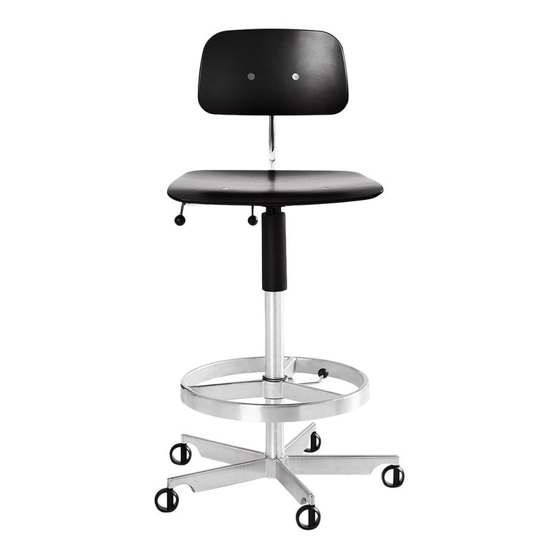 Black adjustable stool with a chrome base and wheels, featuring a modern, minimalist design.