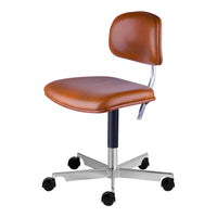 Brown vinyl ergonomic chair with a sleek chrome base and five black caster wheels for smooth mobility.