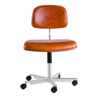 Brown faux leather office chair with a sleek chrome base and smooth black casters. Modern and stylish design.
