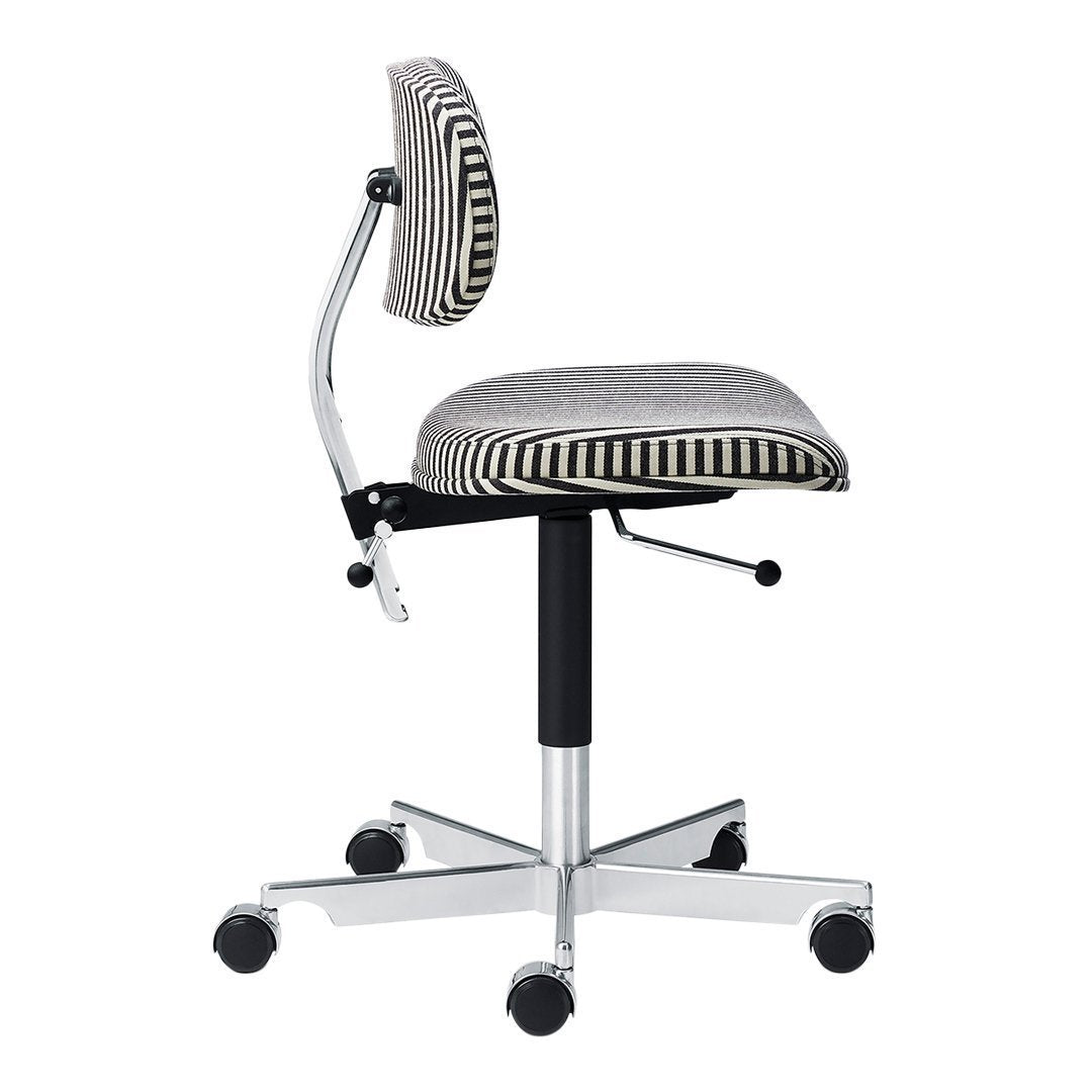Black and white striped fabric office chair with a chrome base and adjustable height, featuring a modern design.