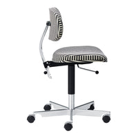 Black and white striped fabric office chair with a chrome base and adjustable height, featuring a modern design.