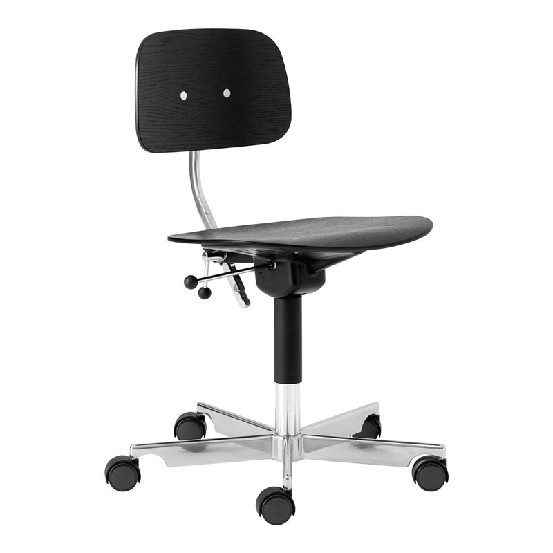 Black ergonomic chair with sleek plastic back and seat, featuring a minimalist design and chrome base.