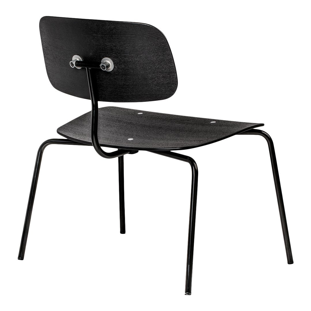 Black minimalist chair with curved wooden seat and backrest, featuring a sleek black metal frame. Simple and modern design.