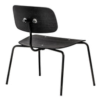 Black minimalist chair with curved wooden seat and backrest, featuring a sleek black metal frame. Simple and modern design.