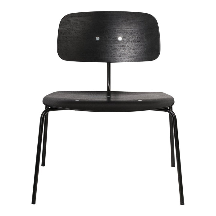 Black wooden chair with a sleek, minimalist design and smooth, unpatterned surfaces.