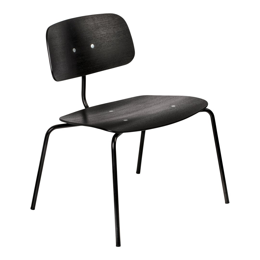 Black wooden chair with a simple, sleek design, featuring smooth surfaces and subtle grain patterns.