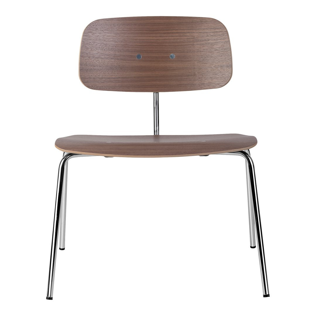 Wooden chair with a rich walnut finish and sleek chrome legs, featuring smooth, minimalist design.