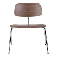 Wooden chair with a rich walnut finish and sleek chrome legs, featuring smooth, minimalist design.