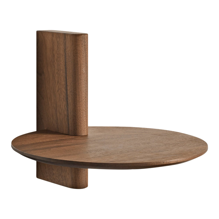 Round wooden shelf with a smooth walnut finish and solid vertical support, showcasing a rich, warm brown color.