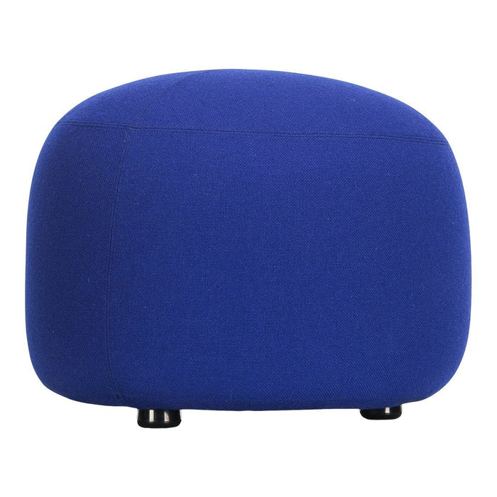 Blue upholstered ottoman with a smooth, rounded design and black feet for a modern touch. Perfect for any decor.