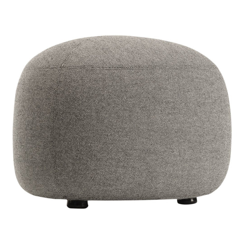 Round gray ottoman with a soft textured fabric, featuring a minimalist design and neutral color scheme.