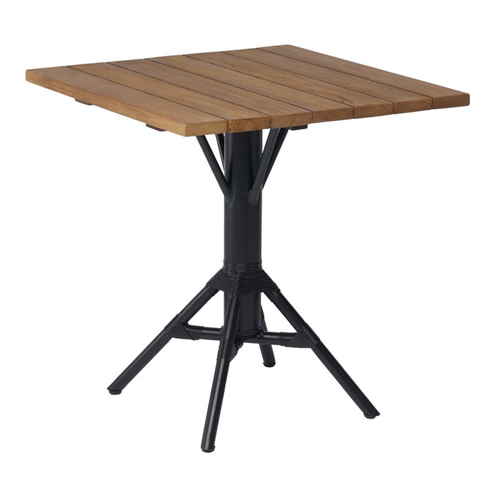 Square wooden table with natural wood slats and a sleek black metal base, ideal for modern decor.