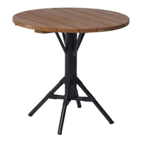 Round wooden table with a natural wood finish and a black metal base featuring a sleek, modern design.