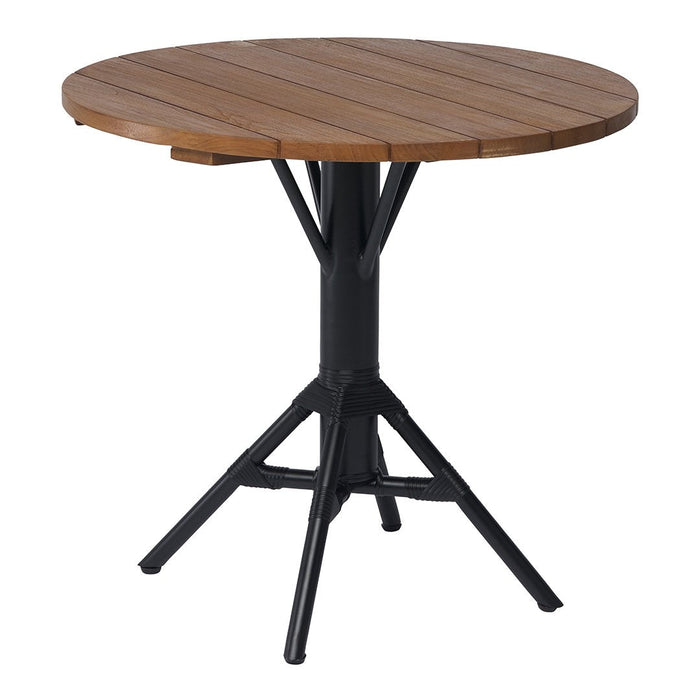 Round wooden table with a natural wood finish and a black metal base featuring a sleek, modern design.