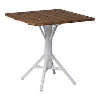 Square wooden tabletop in warm brown with white metal base, featuring a modern and minimalist design. 