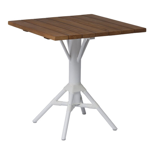 Square wooden tabletop in warm brown with white metal base, featuring a modern and minimalist design. 