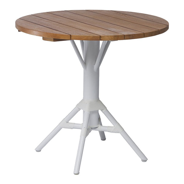 Round table with a natural wood top and white metal base, showcasing a sleek, modern design. Ideal for outdoor use.