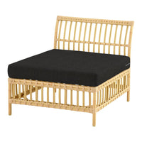 Natural rattan chair with a sleek black cushion, showcasing a simple, modern design with linear patterns.