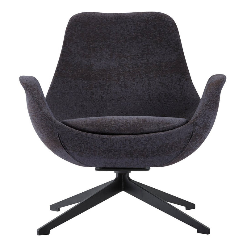 Modern dark gray upholstered chair with a smooth texture and sleek black metal base. Ideal for contemporary decor.