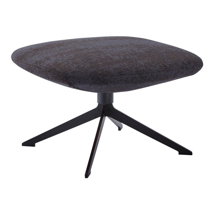 Dark brown upholstered ottoman with a smooth texture and sleek black metal legs, featuring a minimalist design.