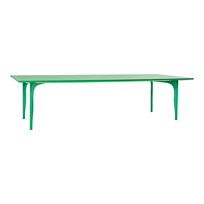 Green rectangular table with sleek legs, featuring a modern solid green finish and smooth surface.