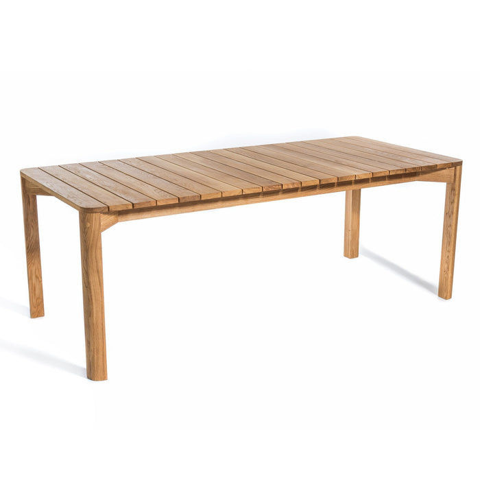 Light wood dining table with a smooth, slatted surface and natural finish accents. Ideal for modern interiors.