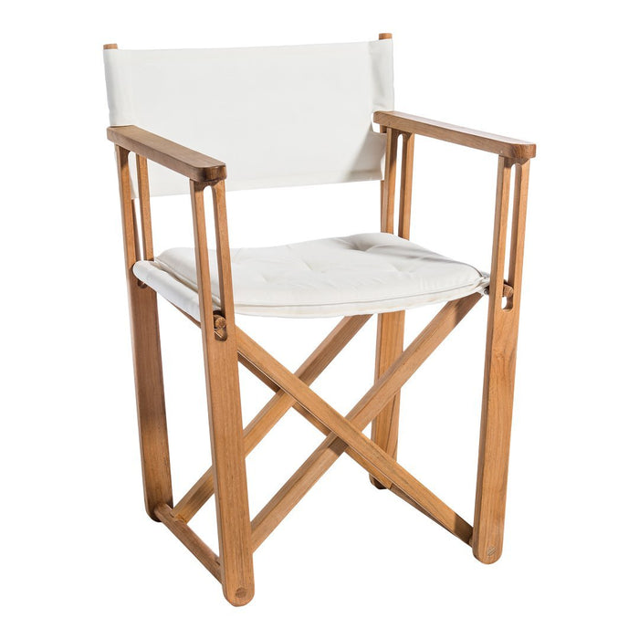 Wooden director's chair with a white canvas seat and backrest, featuring a natural wood finish and minimalist design.