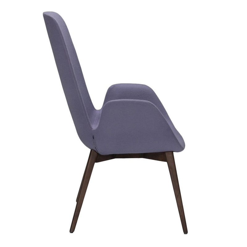 Stylish lavender chair with a smooth, minimalist design and wooden legs. Perfect for modern decor.