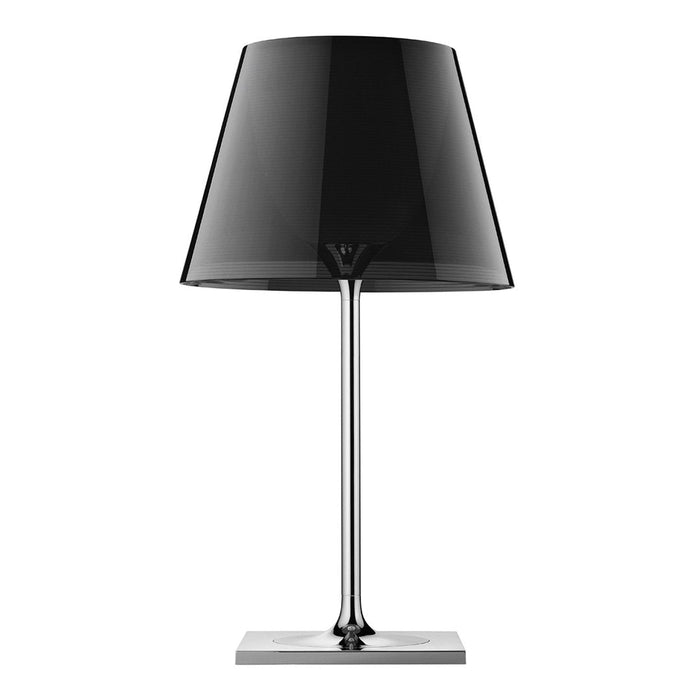 Sleek black lampshade with a shiny chrome base, featuring a modern minimalist design. Ideal for contemporary decor.