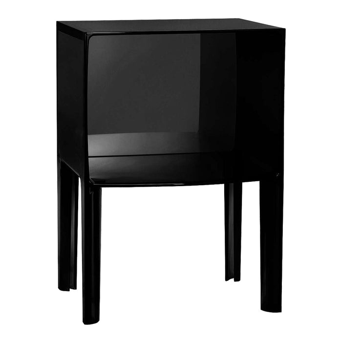 Glossy black nightstand with simple, modern design and sleek, minimalistic structure.