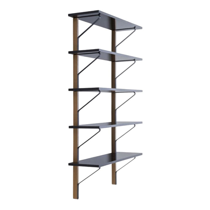 Black and wood patterned wall shelf with five levels and minimalist design. Ideal for modern spaces.
