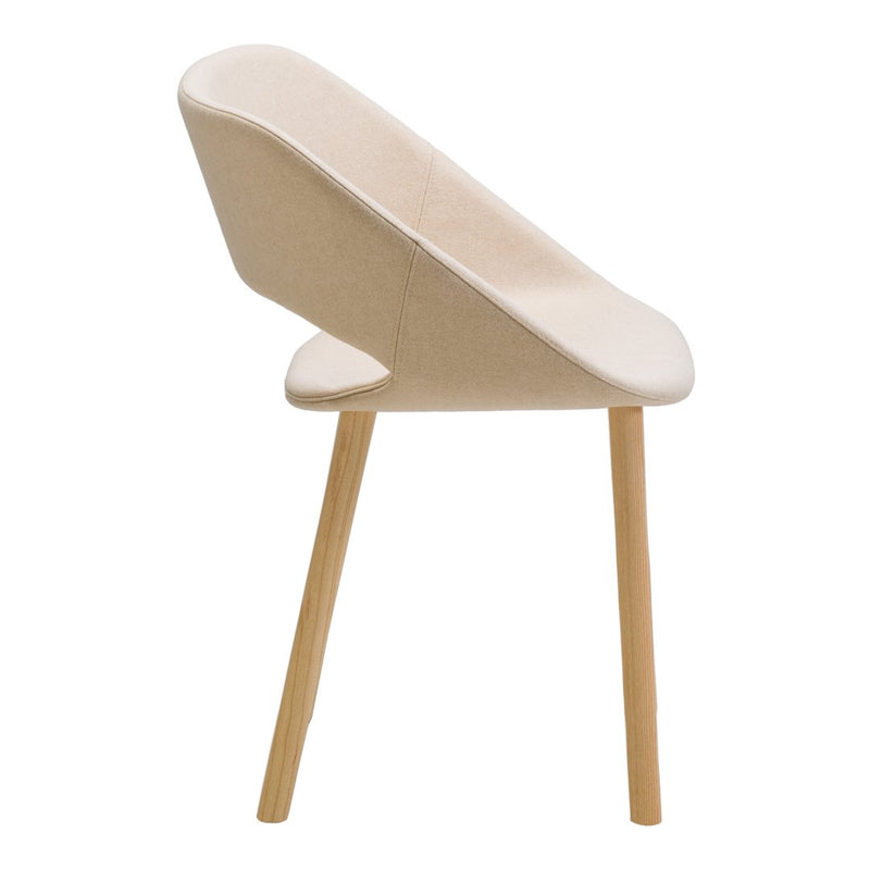 Light beige chair with a smooth, minimalist design and natural wood legs, perfect for modern decor.