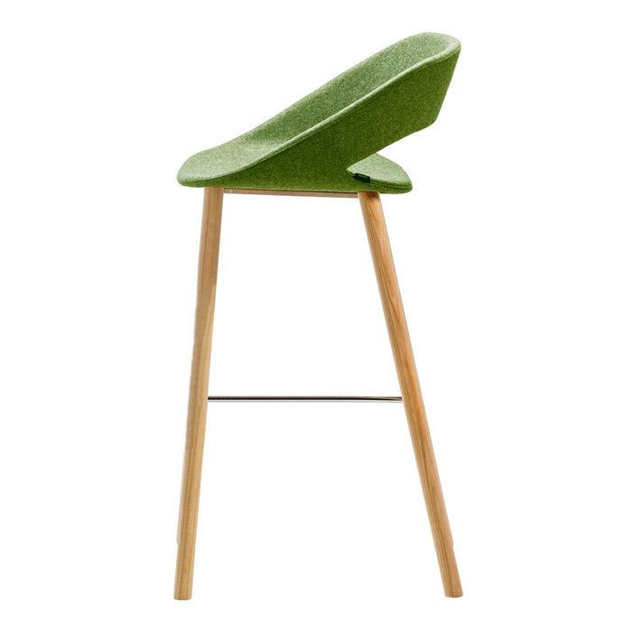 Green upholstered bar stool with a minimalist design and natural wooden legs. Ideal for modern decor.