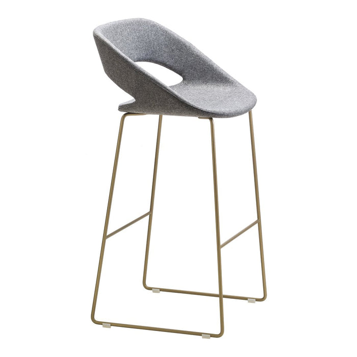 Gray upholstered bar stool with a sleek design and gold metal legs.