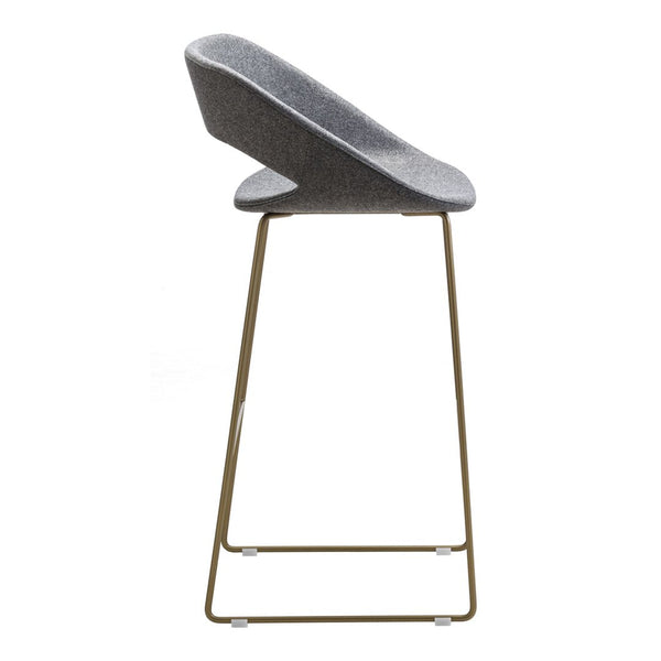 Gray upholstered bar stool with a sleek design and gold metal legs, featuring a smooth, minimalist pattern.