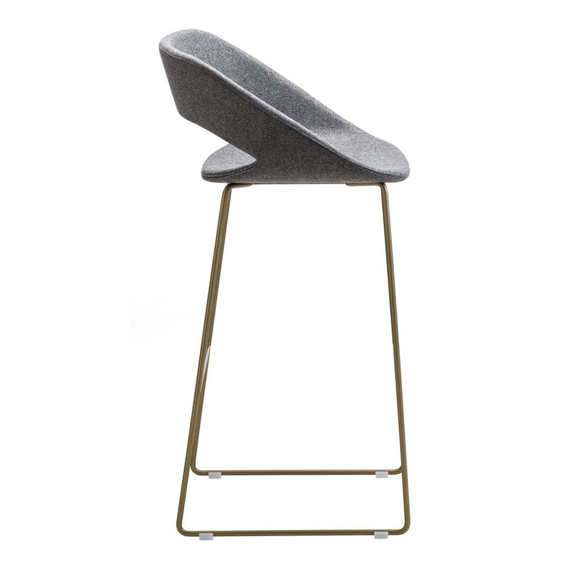 Gray upholstered bar stool with a sleek design and gold metal legs, featuring a smooth, minimalist pattern.