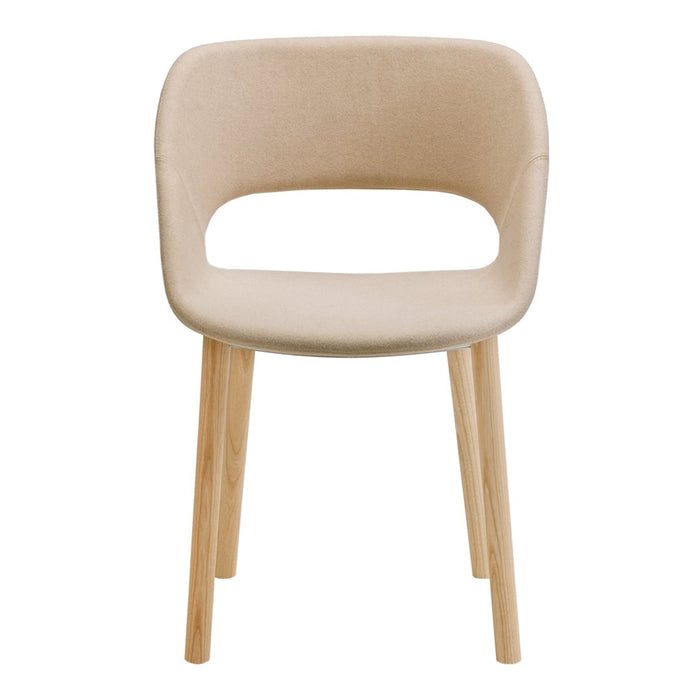 Beige upholstered chair with a modern design and natural wood legs, featuring a smooth, minimalist pattern.