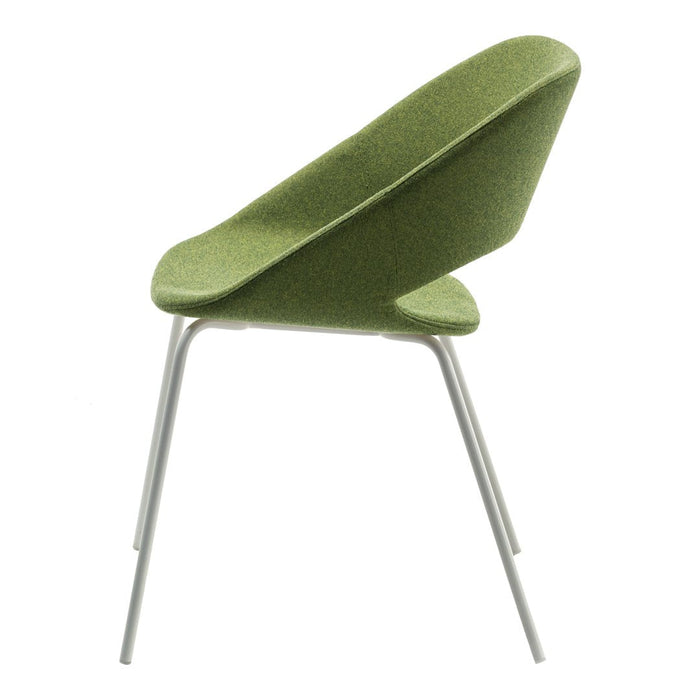 Side view of a modern chair featuring a solid green fabric seat and sleek silver legs, embodying a minimalist design.