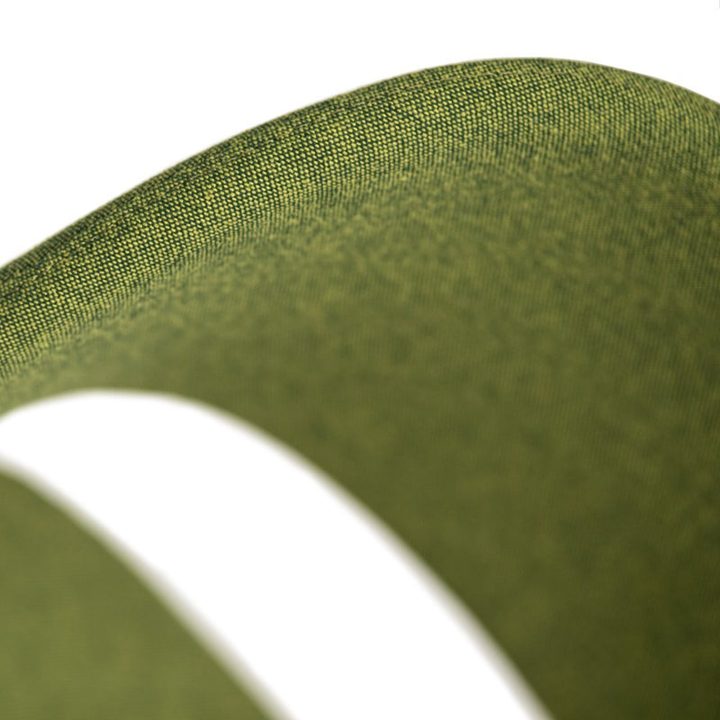 Close-up of smooth olive green fabric with subtle shimmer and a sleek white stripe. Perfect for stylish apparel.