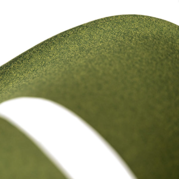 Close-up of textured olive green fabric with a subtle sheen and smooth surface pattern.