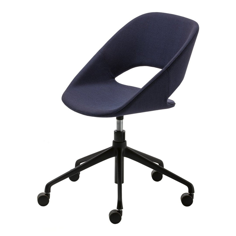 Navy blue upholstered chair with a sleek, modern design and a matte black base, featuring a minimalist aesthetic.
