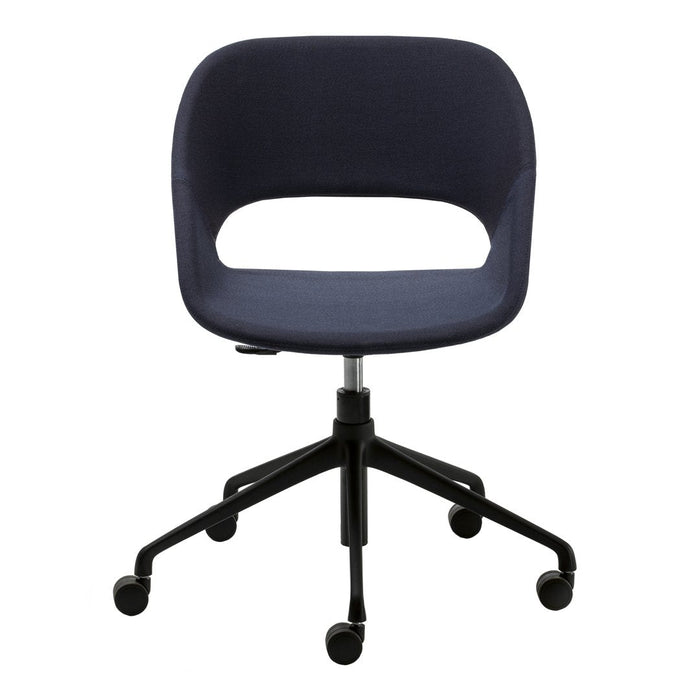 Navy blue upholstered chair with a curved back and sleek black base, featuring a minimalist design and rolling wheels.