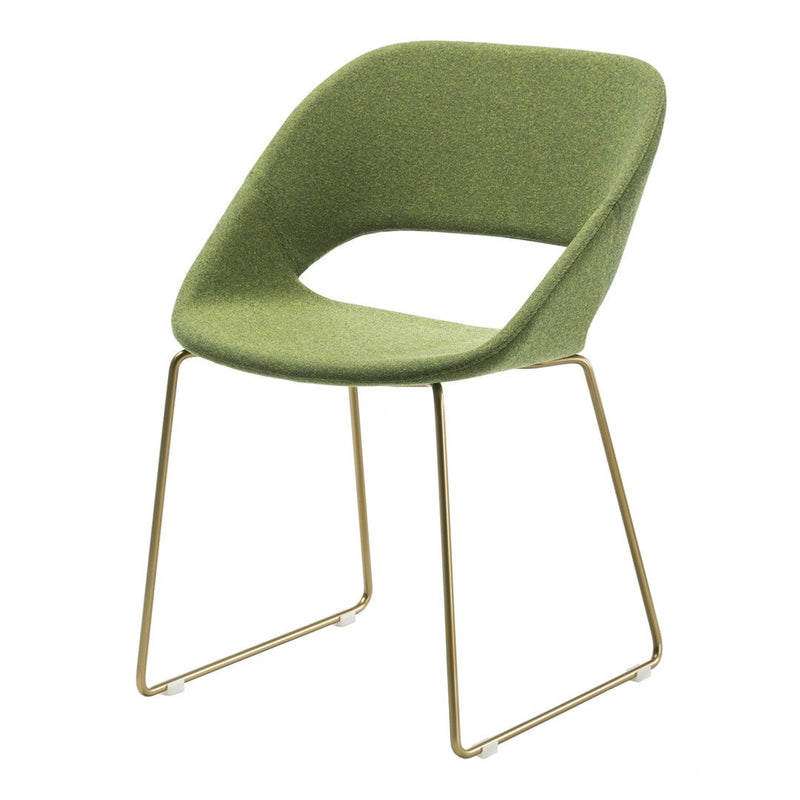 Green fabric chair with a smooth, modern design and sleek gold legs, perfect for contemporary decor.