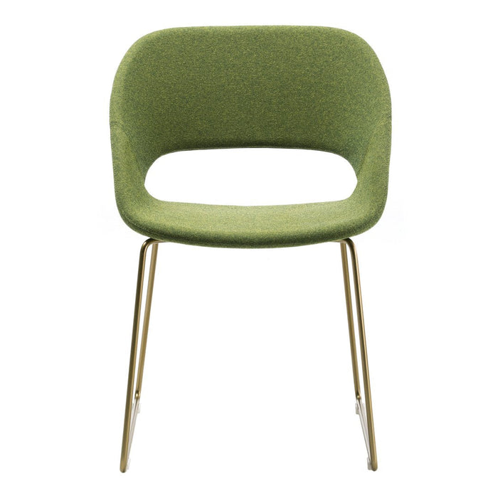 Modern green upholstered chair with a rounded design and sleek gold legs, perfect for stylish interiors.