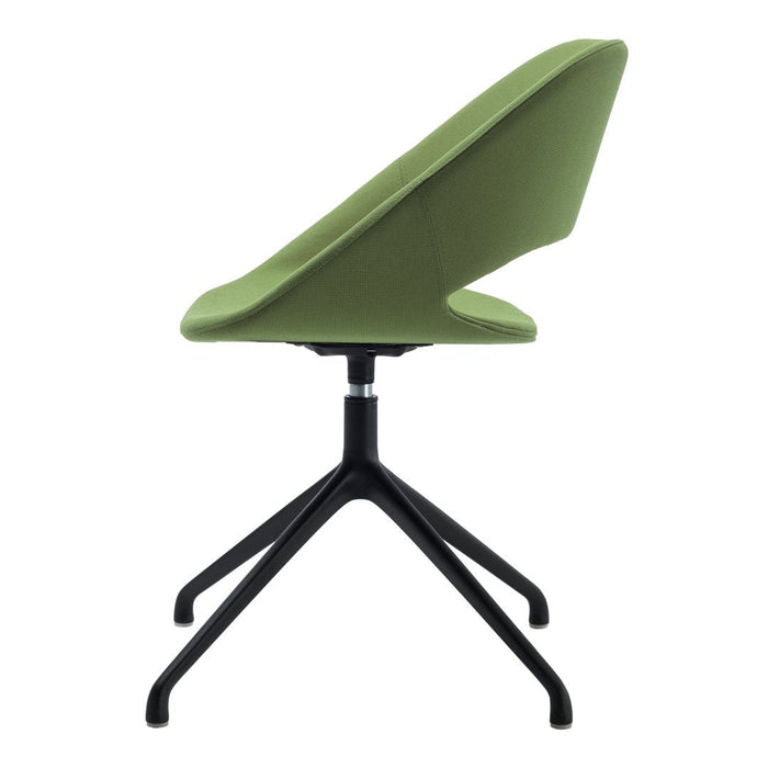 Sleek green upholstered chair with a minimalist design and black metal base. Perfect for modern decor.
